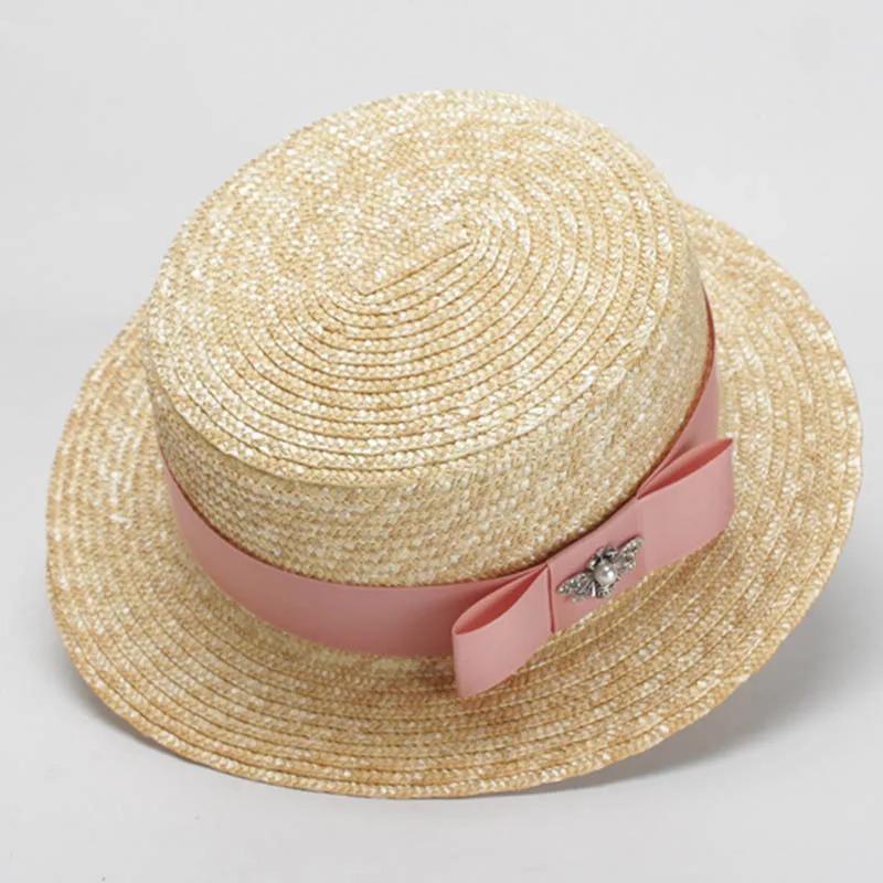 Qpalcr الصيف سترو القبعات واسعة أسود الشريط قبعة الشمس لطيف الفتيات المسطحة أعلى قبعة الشاطئ الصيف قبعة القش