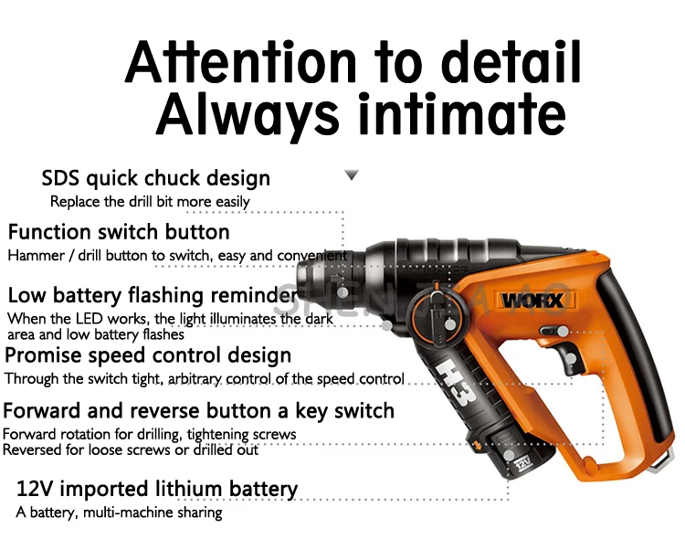 WX382 многофункциональный электрический молоток свет зарядки электрический молоток Ударная дрель инструменты с вперед и обратная Кнопка 12 в 1 шт