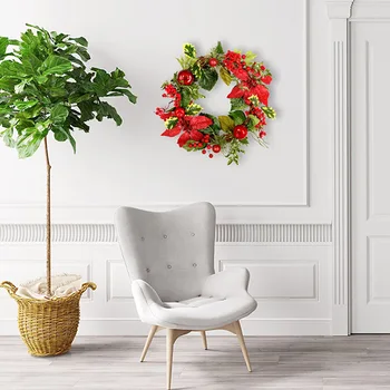 

45cm New Hot Red Christmas Flower Rattan Ring Hanging Berry Wreath Artificial Flowers Pendant Front Door Wall Home Decor