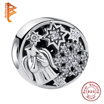

BELAWANG 100% 925 Sterling Silver Cute Angle Round Charms with Shining Star Crystal Fit Women Bracelets DIY Jewelry Accessories