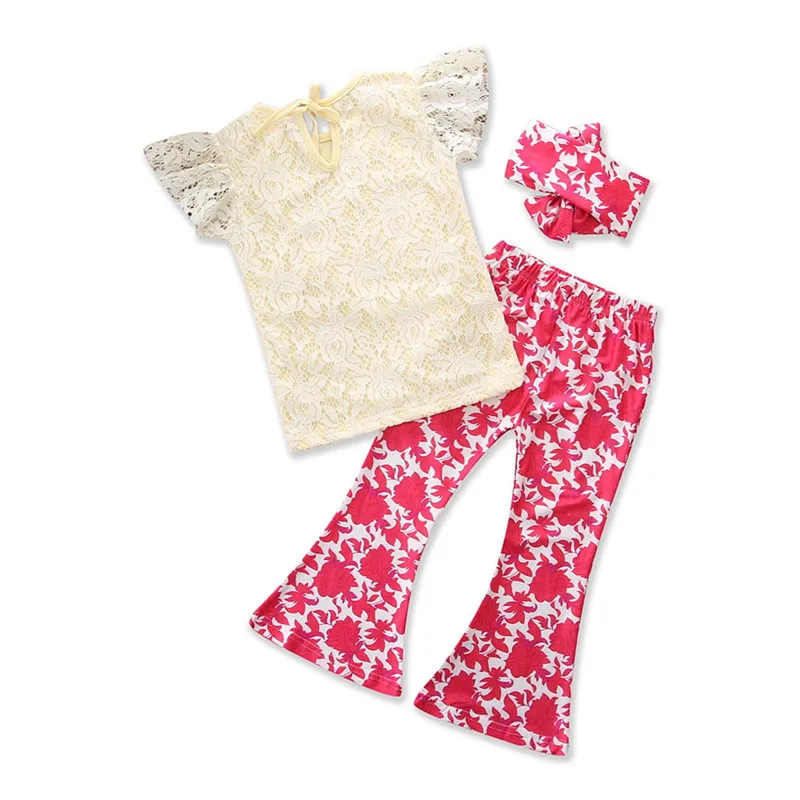 

Pudcoco Girls Clothing Sets 2018 New Summer O-Neck Short Sleeve Lace T-Shirt+Floral Pants Kids Clothing Sets Children Clothing
