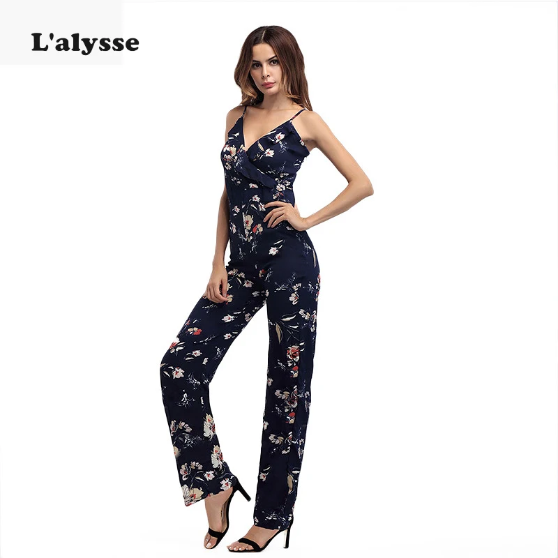 

LALYSSE Lady Sexy V-neck Sleeveless Jumpsuit Summer Women Chiffon Spaghetti Strap Jumpsuit Print Solid Sleeveless Casual Slim