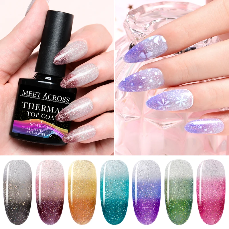 

MEET ACROSS 8ml Thermal Color Changing Top Coat Gel Nail Polish Holographic Glitter Temperature Top Coat Gel Nail Art Varnish