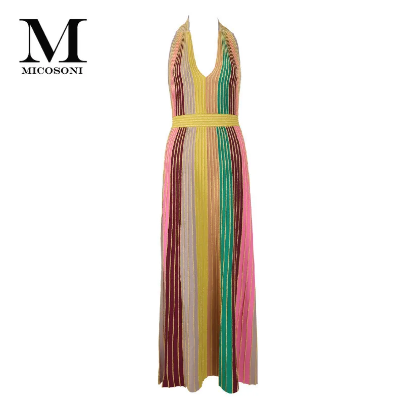 

High-end Italian Style 2019 New Collision Rainbow Stripe Pleated Body V-Neck Knitted Sleeveless Draped Halter Backless Dresses