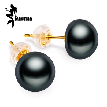 

MINTHA 18K Gold earrings 10-11mm pearl Jewelry ,black Pearl 18k yellow gold stud earrings for women wedding earrings for love