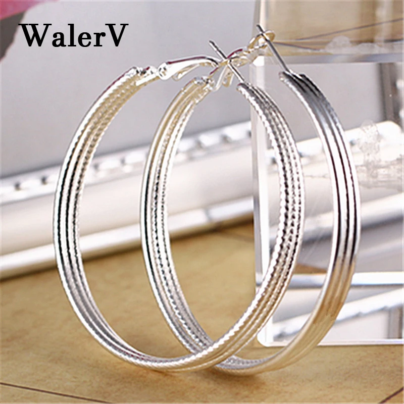 

WalerV 2018 for Women Set Retro Wind Stripe Pattern Woman Long Big Earrings 925 Silver Circle Prom Party.jewelry Earrings Gift