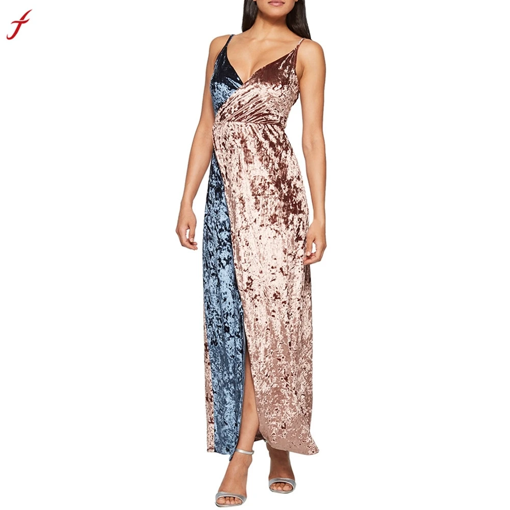 

FEITONG Sexy gray Velvet Dresses Slip Backless Spaghetti Strap Long Evening Party Robe Side Split 2018 Cami tassel Velour Dress