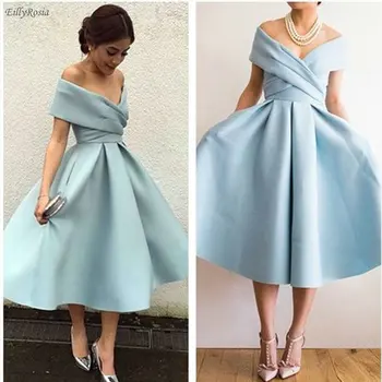 

Light Blue Tea Length Prom Dress 2019 Satin A-Line Ruched Pleated Off the Shoulder Vintage Women's Evening Gowns rochii de seara