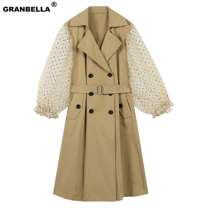 

2019 Fashion Spring Autumn Patchwork Polka Dot Lantern Sleeve Trench Coat Female High Waist Lace Up Women's Windbreaker Overcoat