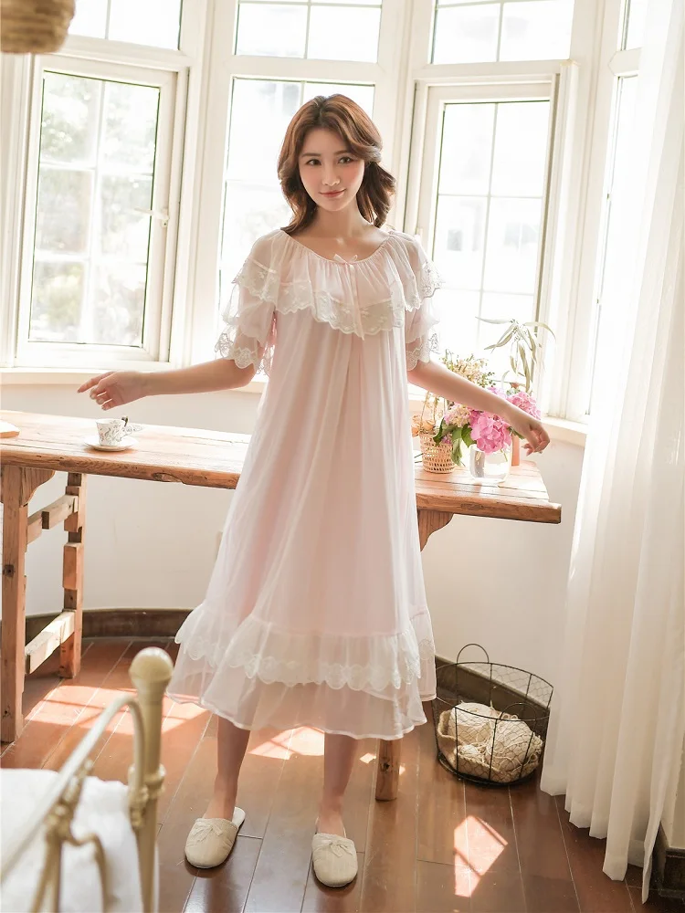 Милые летние хлопковые женские белые кружевные длинные ночные рубашки розовые с коротким рукавом Ретро свободные пижамы Домашняя одежда 8219