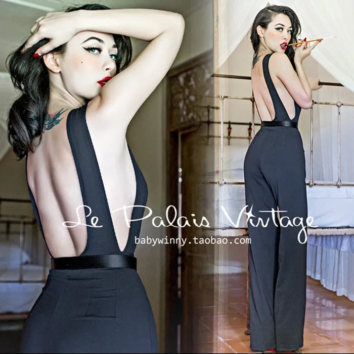 

40- summer le palais vintage 50s overalls in black plus size dungarees pinup jumpsuit combinaison femme wide leg pants