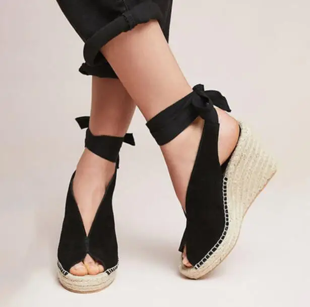 

Summer lace-up flock Women Sandals Shoes Weave Wedge Heels Peep Toe High Heels Platform Pumps Lace Up Bandage Girl Sandals New
