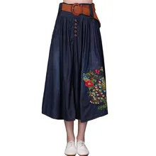 MORUANCLE Женская модная Цветочная вышитая длинная джинсовая юбка Женская высокая талия плиссированные макси джинсовые юбки с ремнем Plu Размер S-6XL