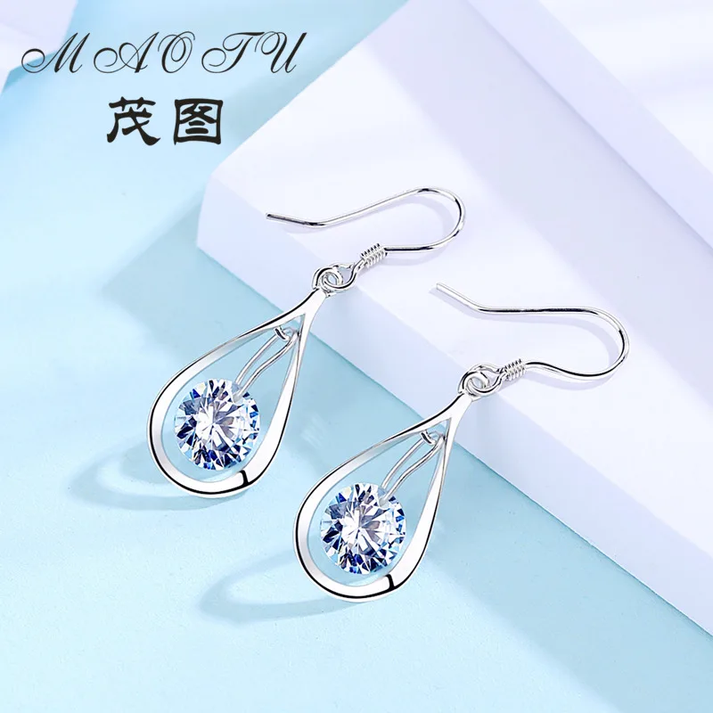 

2018 Fashion Woman Genuine AAA Shiny Cubic Zircon Stud Heart Earring Long Female Party Jewelry 925 Sterling Silver Earrings
