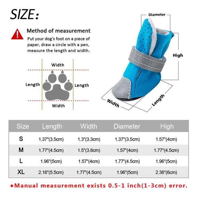 Reflective and Waterproof Dog Shoes Size Chart