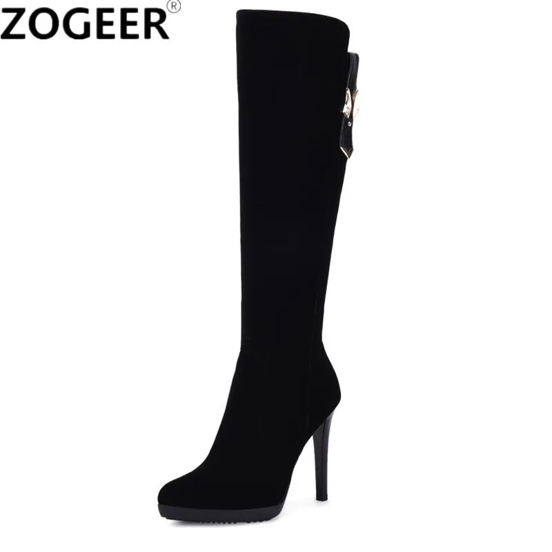 

Hot Winter Flock Women Knee High Boots Knight Black Boots Fashion High Heels Zipper Woman Pointed Toe Ladies Shoes