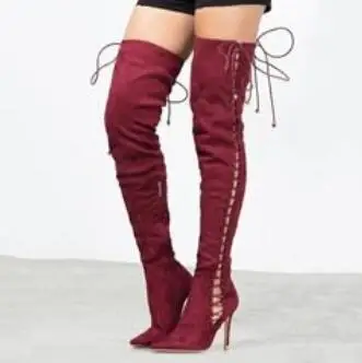 

Fashion Woman Shoes Autumn Winter 2018 Red Suede Leather Lace-up Over The Knee Boot Pointed Toe Side Cross Tied Tight High Boot