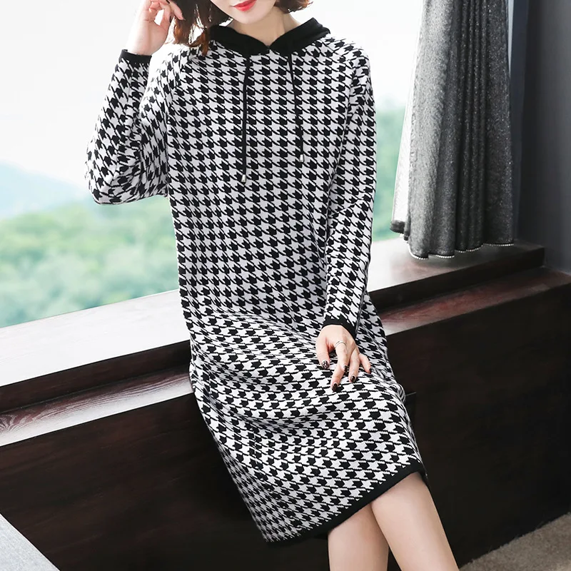 2019 New Women Plaid Dress Loose Slim Hooded Long Sleeve Female Dresses Woman Spring Autumn Clothing Free Size Dress