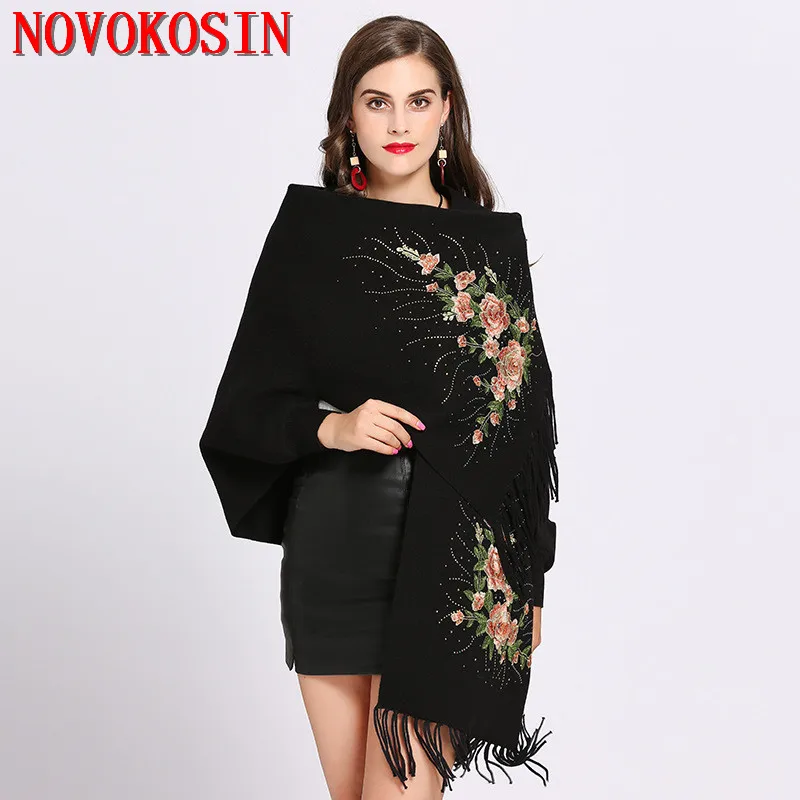

SC198 2018 High Quality Female Oversize Tassel Knitted Scarf Winter Bat Sleeves Embroidered Poncho Women Coat Vintage Shawl