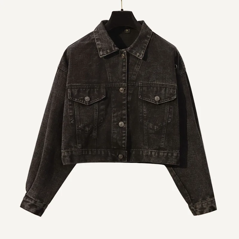 Уличная одежда размера плюс, короткие джинсовые куртки-бомберы, 3XL, 4XL, 5XL, черная джинсовая куртка для женщин, корейские укороченные топы Chi - Цвет: Black