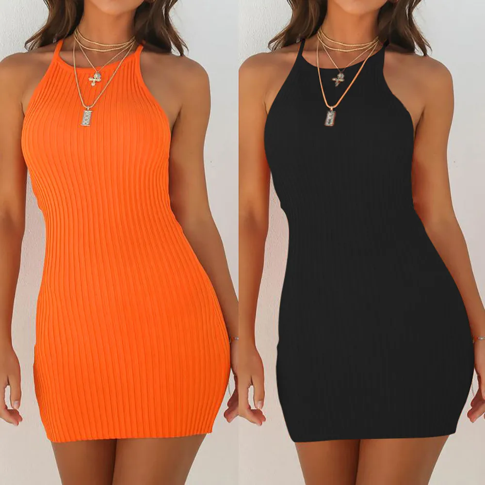 Solid Arrived Women Sling Sleeveless Holiday Party Autumn Elegant Women's Bodycon Dress Black Orange Vestido de mujer