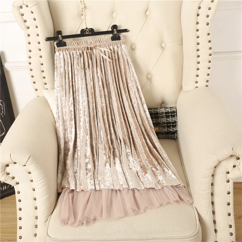 

2018 Atumn Women Mesh Patchwork Velvet Skirt Tie Bow Elastic High Waist Skirts Female Midi Long Pleated Skirt tulle Saia AB1132