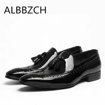

New brogue patent leather men shoes fashion tassel pointed toe slip mens wedding dress shoes formal party men shoes size 38 44