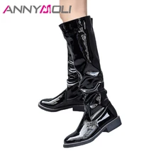 ANNYMOLI/зимние сапоги из лакированной кожи; сапоги до колена; женские плиссированные сапоги на квадратном каблуке; Модные женские высокие ботинки; Цвет Черный; размеры 42-43