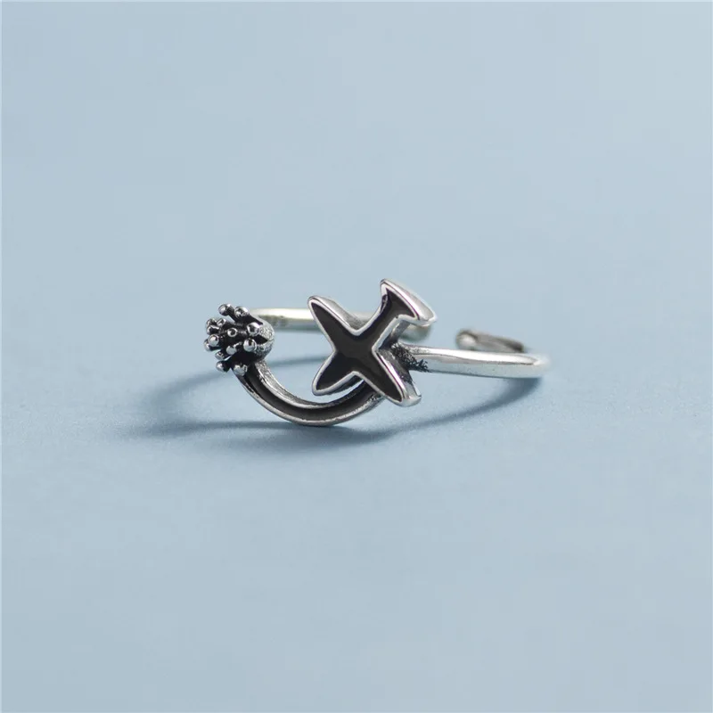 black plane drop glaze resize ring S925 silver jewelry vintage open ring unisex gift silver ring free size