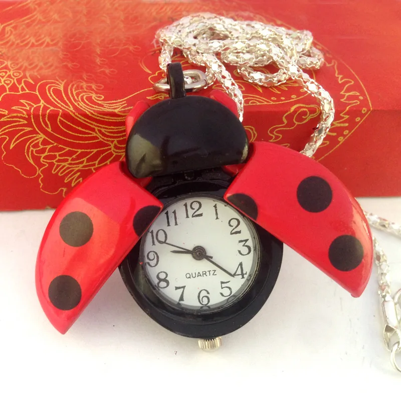 Новые креативные модные маленькие карманные часы с божьей коровкой модные аксессуары карманные часы милые с роскошным ожерельем