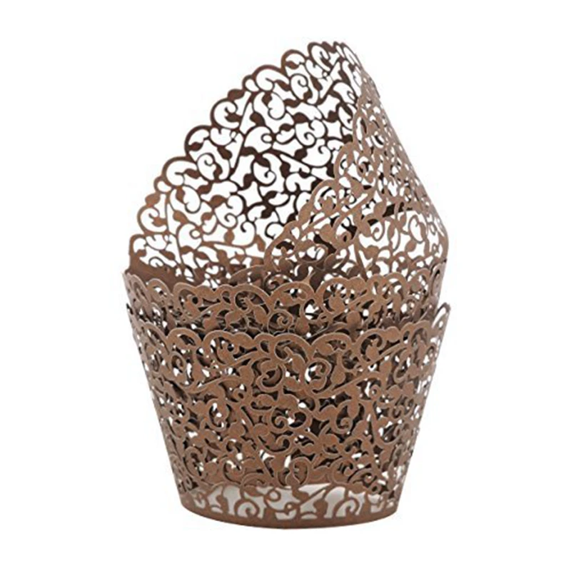 

KAZIPA 100pcs Liner Baking Cup Brown Lace Laser Cut cake paper Cupcake Wrapper For Birthday Tea Party Home Decoration Tools