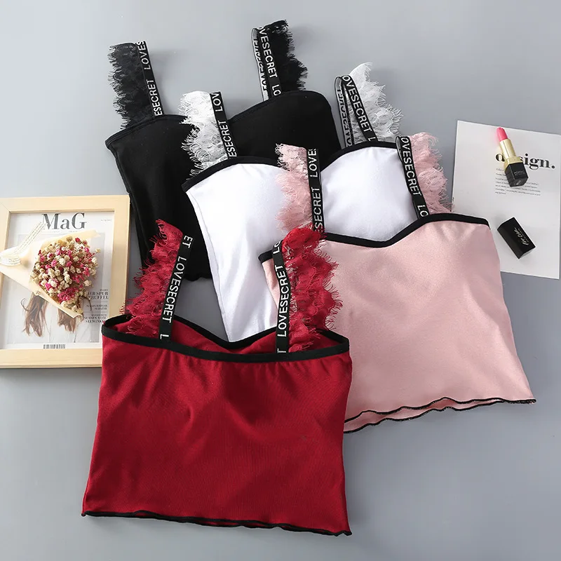 

Beauty Back Wrapped Chest Letters Eyelashes Lace Tube Top With Chest Pad Sports Underwear Female Student Girl Anti-light