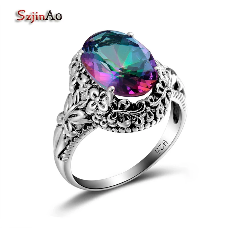 

Szjinao Fashion 925 Silver Ring Oval Mystic Rainbow Topaz Wedding Rings For Women Halo Gothic Turkish Jewelry Coran