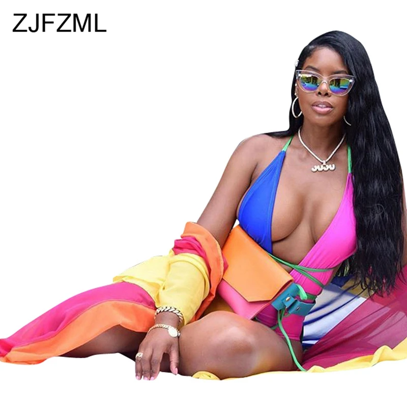 ZJFZML, цветной блок, сексуальный комплект из 2 предметов, женский Глубокий v-образный вырез, оболочка, Цельный боди+ длинный рукав, х-длинное пальто, Летний Пляжный наряд