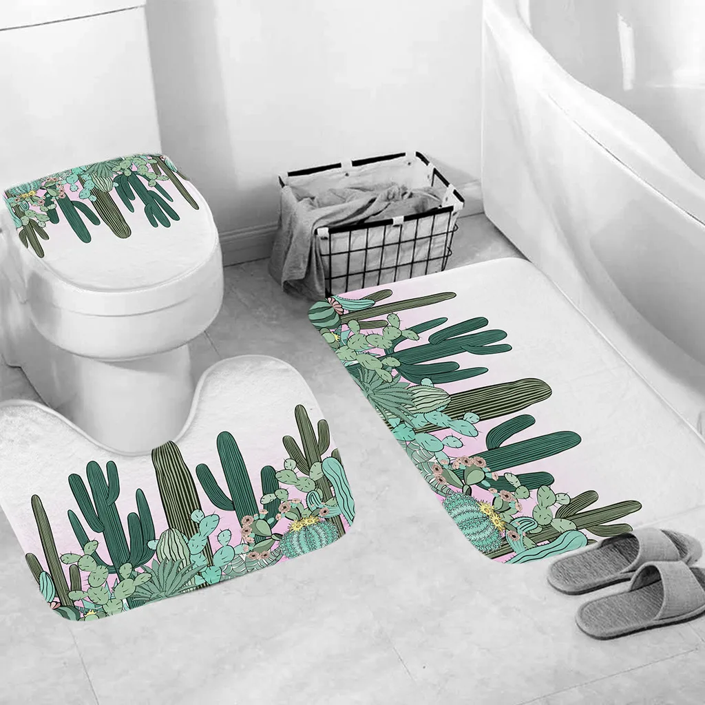 

Floor mat bathroom anti-slip toilet seat 3Pcs cactus non-slip bath mat kitchen carpet door mat decoration toilet seat mat 5.9