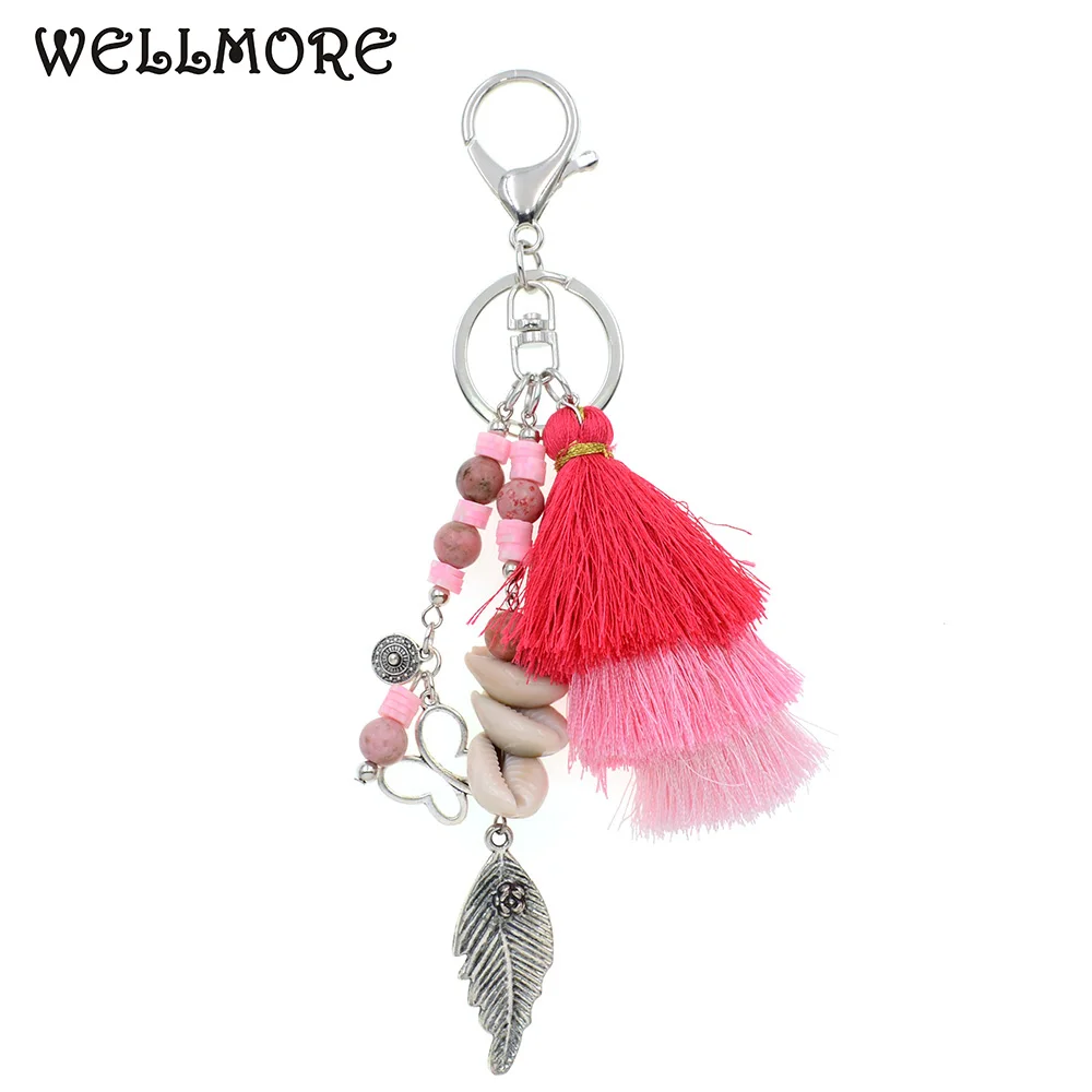 

WELLMORE new handmade stone beads /shell with long tassel alloy Key Chain For Women Girl Bag Keychain