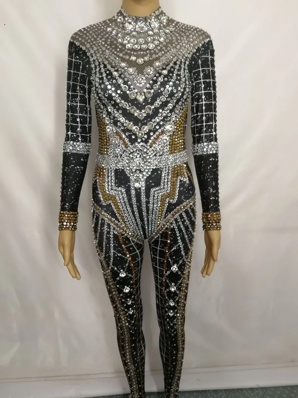 كامل الراين 3D مطبوعة نحيل بذلة سباركلي بلورات كم طويل مطاطا ارتداءها مثير الأزياء ملهى ليلي مرحلة زي