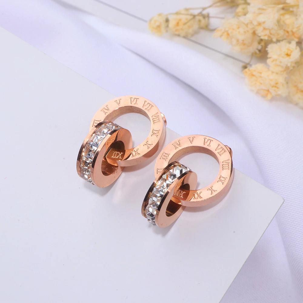 

Classical Trendy Stainless Steel AAA Zirconia Stud Earrings Jewelry Rose Gold Color Roman Numeral Circle Earring For Women WX120
