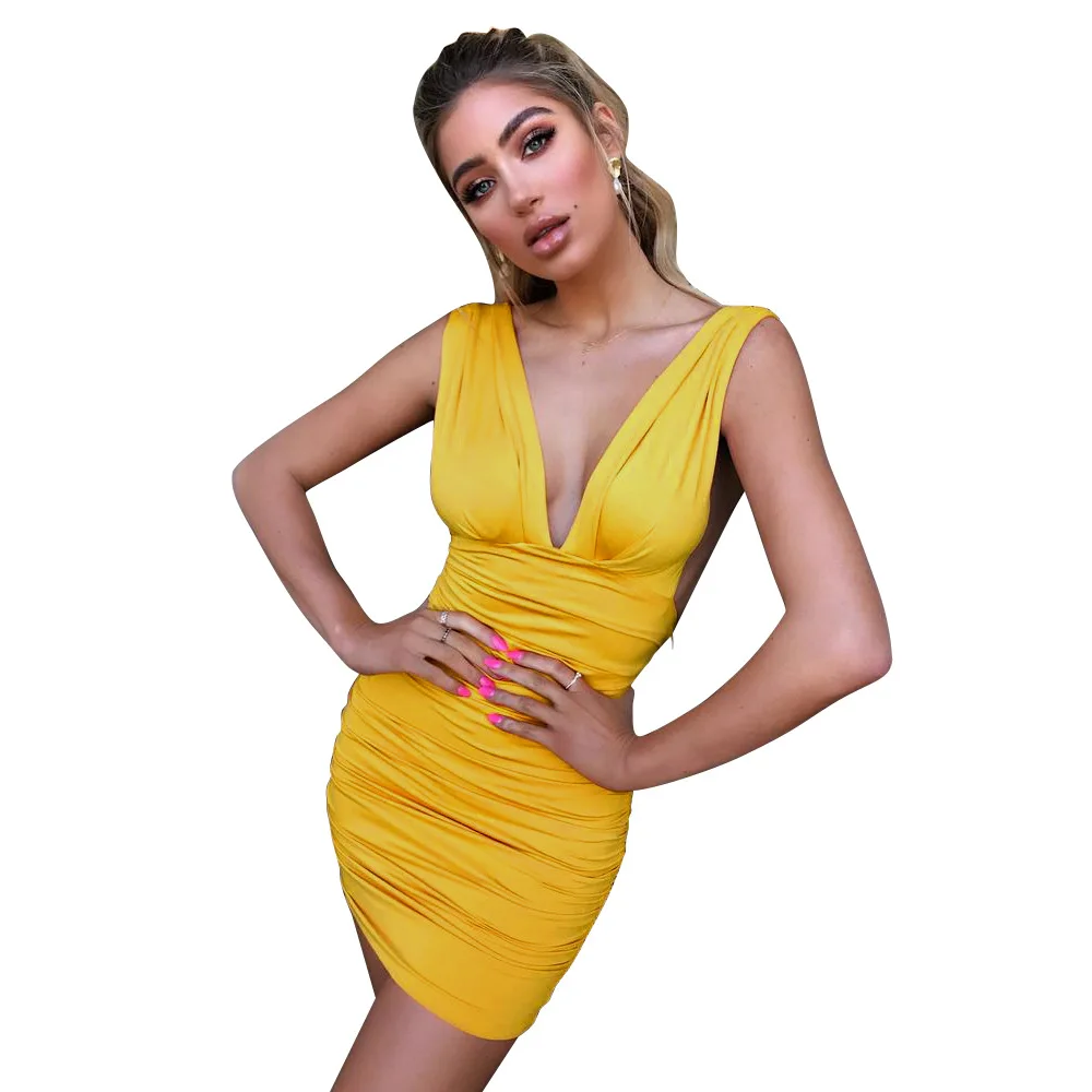 Женская мода футляр мини Ruched Bodycon платье Весна Лето V шеи без рукавов|Платья| |