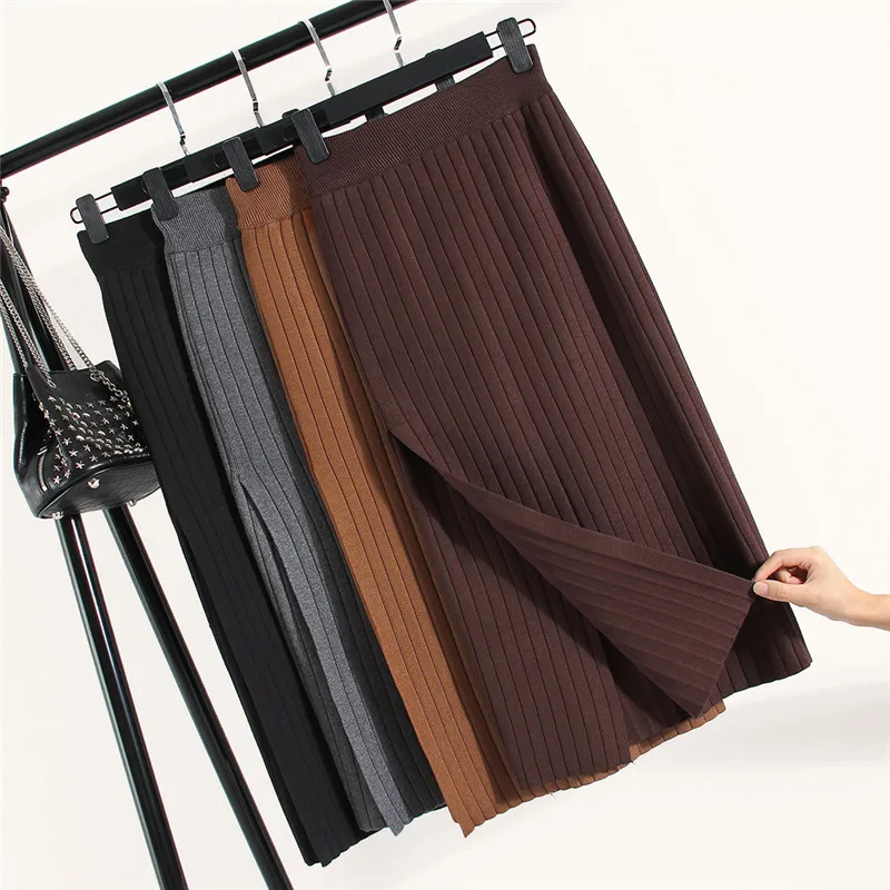 

2018 Autumn Winter Women Pencil Skirt Elastic High Waist Split Sweater Skirts Ladies Midi Long Package Hip Knitted Skirt AB1190