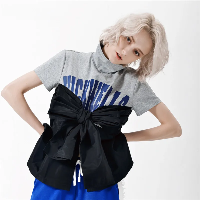 

Women T-Shirt 2019 Spring Summer New Letter Printed Fashion Tops Stitching Fake Two Piece Short Sleeves T-shirt Streetwear Tee