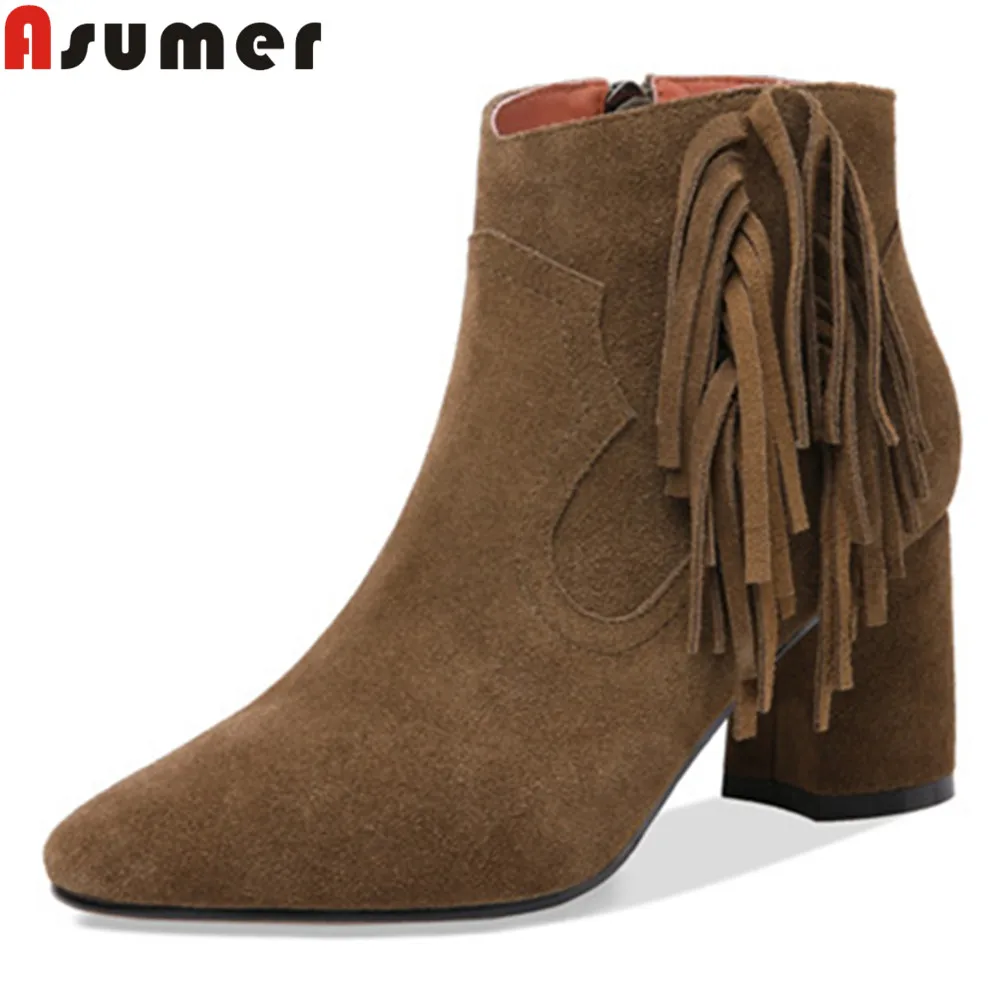 

ASUMER 2020 autumn winter shoes woman round toe zip ladies boots fringe square heel high heels suede leather ankle boots women