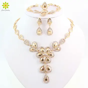 

Fashion Crystal Flower Necklace Earrings For Women Gold Color African Costume Jewelry Sets