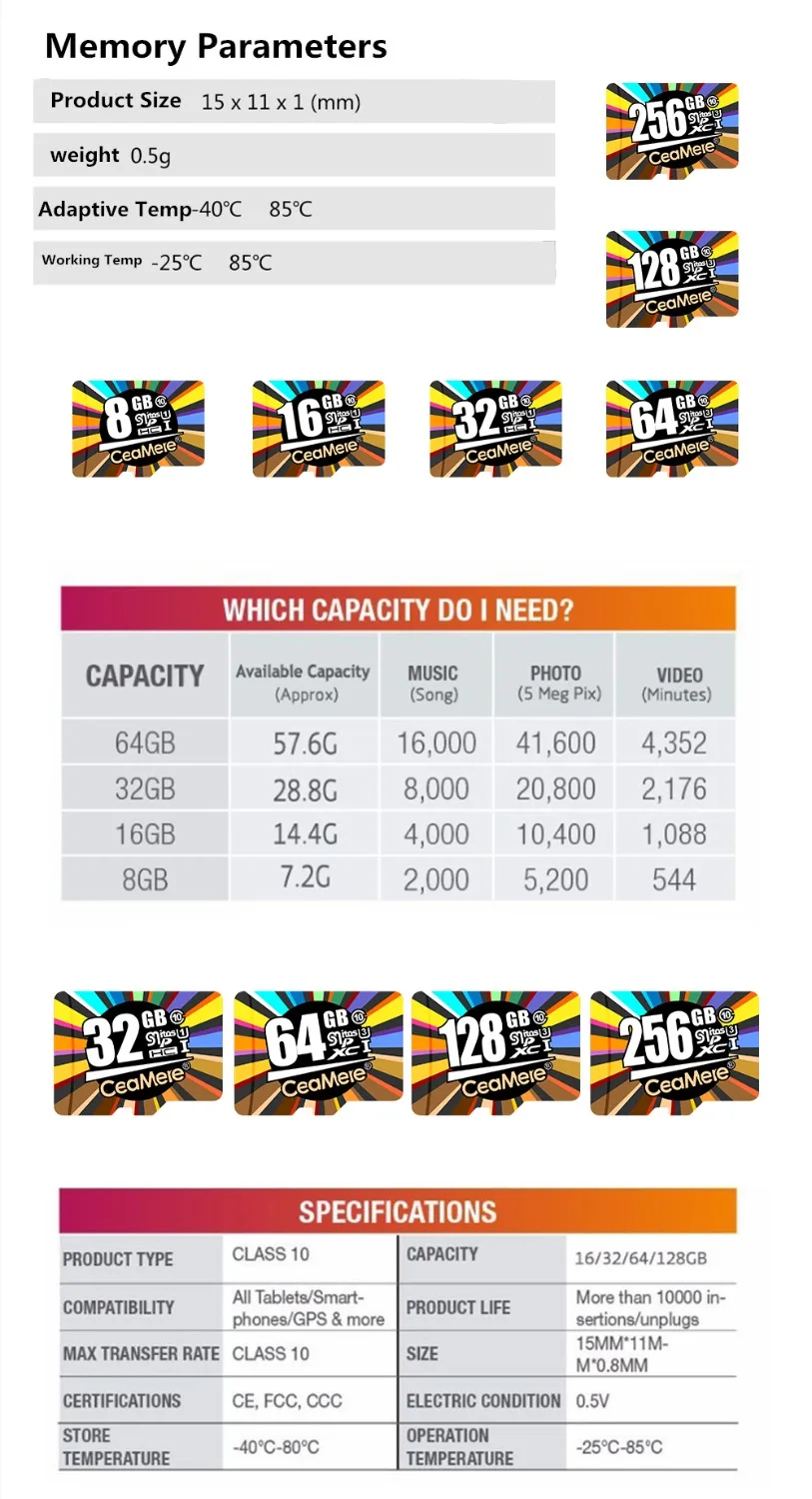 CeaMere карта памяти 256 ГБ 128 Гб 64 Гб U3 UHS-3 32 ГБ Micro sd карта класс 10 UHS-1 флэш-карта памяти Microsd TF/sd карта s для планшета