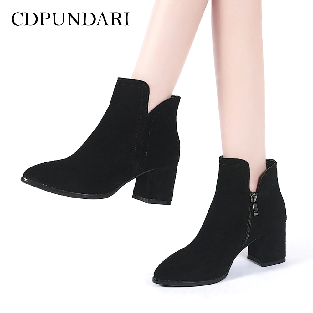 

CDPUNDARI Genuine Leather Ankle boots for Women High heel boots Winter shoes woman black Brown Army Green