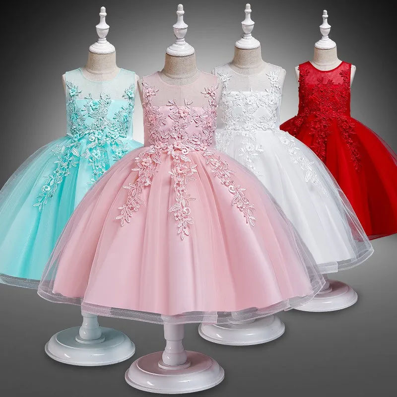 

2019 Summer New Children Princess Dress White Girls Lace Vest Dress Flower Party wear For Girls Wedding Evening Clothes