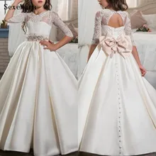 Элегантное платье цвета слоновой кости для первого причастия; платье для торжеств для девочек с рукавами, украшенным жемчужинами; кружевное атласное платье с бантом и открытой спиной для девочек