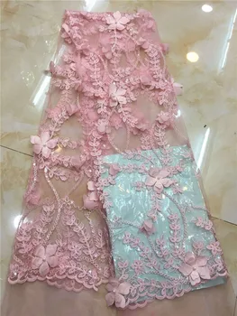 

2019 Hot sales Latest African sequin fabric high quality tulle Sequins 3d lace fabric for Nigerian Christmas party Dresses Pink