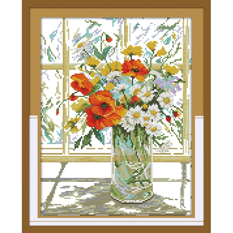 

Flower vase on windowsill Chinese cross stitch kits Ecological cotton clear stamped printed 11CT DIY gift Christmas decoration