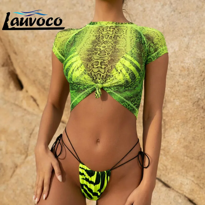 

String Bikini Girl Two Piece Swimsuit Leopard Mini Bikini 2019 Micro Mesh Top Knotted 3 Pieces Swimming Suit for Women Swimwear